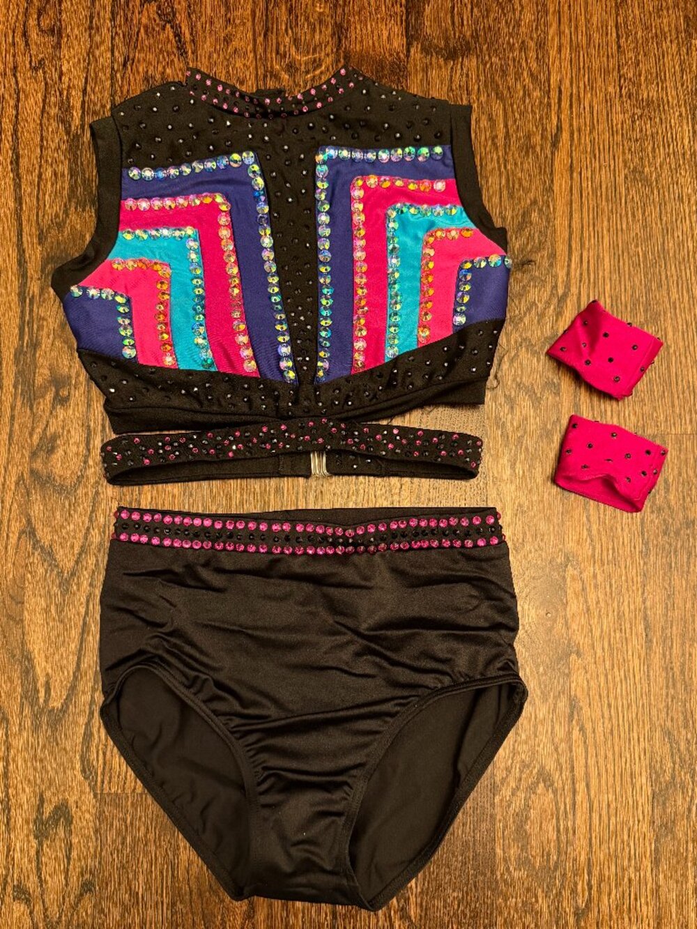Glamour Costumes Top & Weissman Bottoms Black & Multicolor Dance Fits Adult XS